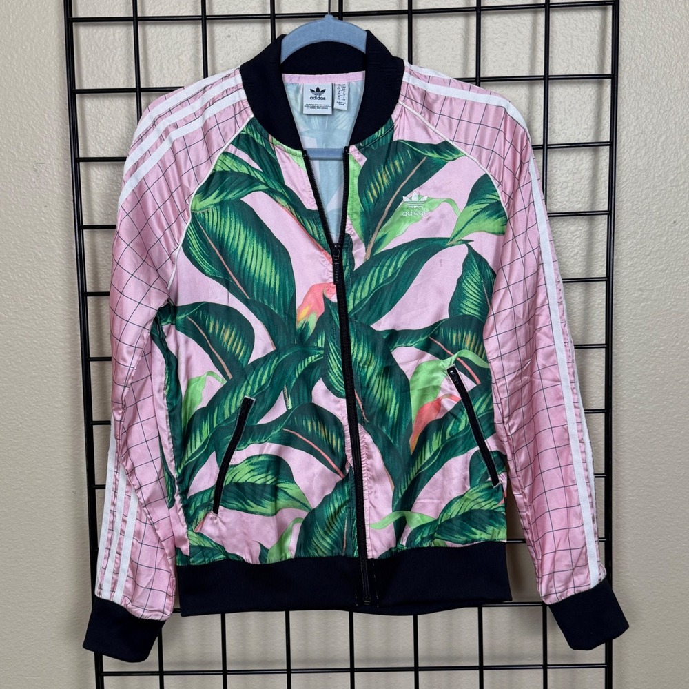 Adidas x Farm Rio Track Jacket Womens Small Pink Green Tropical Palm Leaf Collab